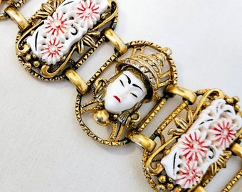 Vintage SELRO SELINI Bracelet with White Asian Princess Faces & Gold plated Setting.