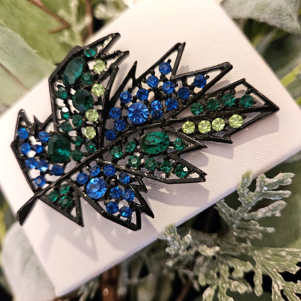 Vintage Signed ART Mid Century Modernist Leaf Brooch with Green & Blue Rhinestones and Japanned Setting