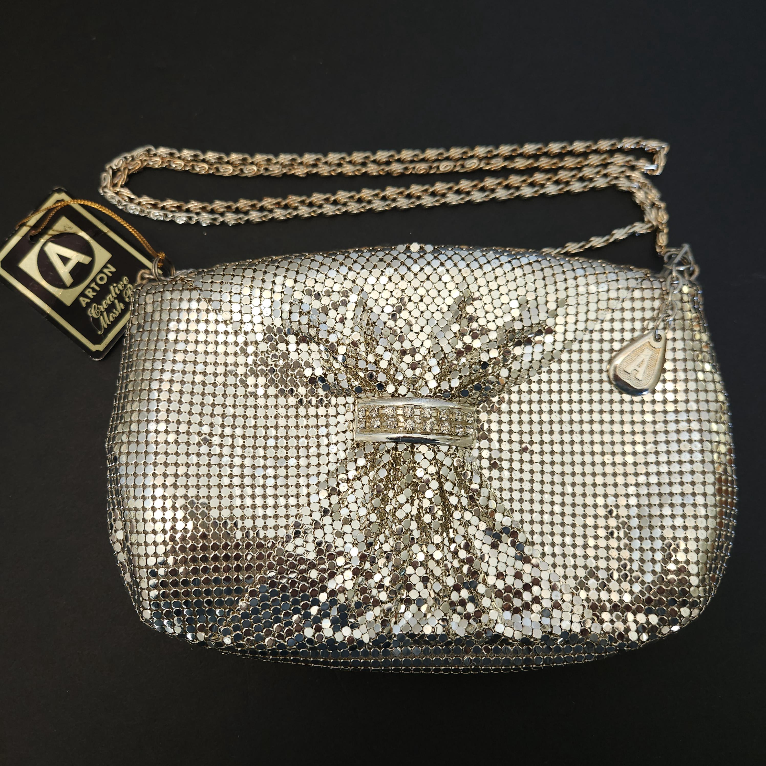 Vintage 1980s ARTON CREATIVE Mesh Bag With Rhinestone and Chain
