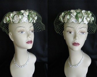 Vintage 1950s EVELYN VARON White Bridal Hat with Lace Leaves, Tiny Flowers, and Velvet ribbon, and Faux Pearl Accents