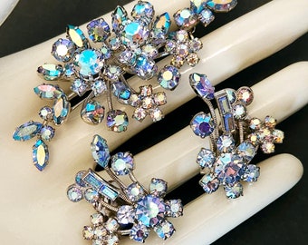 Vintage TRIAD Mirrored Blue Ab Crystal Rhinestone Brooch & Clip on Earrings Set