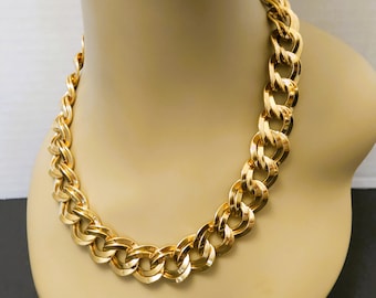 Vintage MONET 1980s Chunky Double Link Chain Choker Necklace with Gold tone Finish