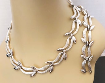 Vintage Monet 1980s Link Necklace and Bracelet Set - Smooth and Textured Silver tone Finish