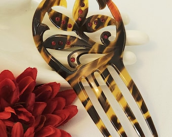 Art Deco Hair Comb: Faux Tortoise Shell Celluloid, Red  display picture 2
