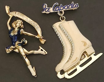 Vintage ICE CAPADES 1950s Enamel Skating Lady & Dangling Ice Skates Plastic Figural Souvenir- Brooch - Pin