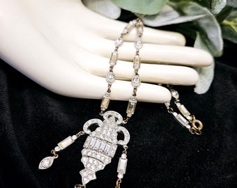 Antique 1920s Art Deco Lavalier Necklace with Baguette Rhinestones and Pot Metal Setting.