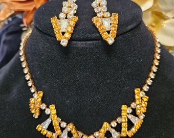 Vintage Citrine and Clear Rhinestone Necklace and Screw on Earrings Set with Keystone, Diamond, and Round Cuts in a Goldtone Setting