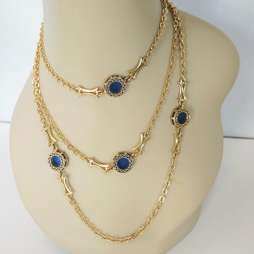 Vintage Filigree Caged Blue Disc Long Chain Necklace - 53 Inches - Etsy