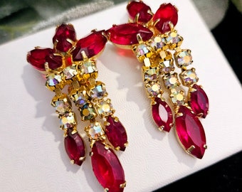 Vintage Red & AB Rhinestone Drop Earrings with Goldtone Clip on Settings