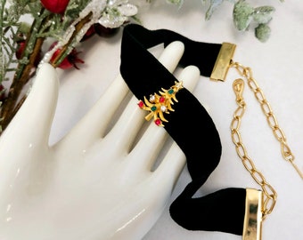 Vintage Rare CORO & MYLU Black Velvet Choker Necklace with Rhinestone Christmas Tree