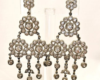 Antique Edwardian Art Deco Chandelier Drop Earrings with Paste Rhinestone in Pot Metal Settings & Screw Backings.