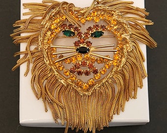 Vintage DOMINIQUE Large Lion Brooch & Pendant with Fringe Mane Statement Collector Book Piece Gold Tone