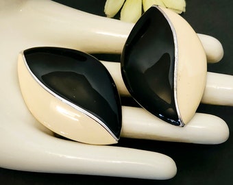 Vintage MONET Large Cream and Black Enamel Clip on Earrings with a Silver tone Setting