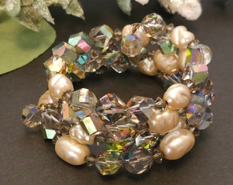 Vintage Smokey Ab Crystal Fauceted Bead and Faux Baroque Pearl Memory Wrap Bracelet.
