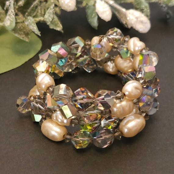 Vintage Smokey Ab Crystal Fauceted Bead and Faux … - image 1