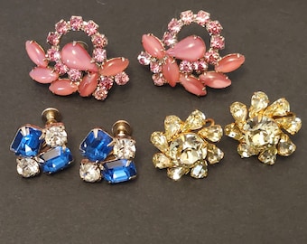 Vintage Screw on Earrings Lot with Pink Moon Glow, Sapphire Blue and Citrine Yellow Rhinestone