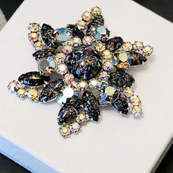 Vintage Verified JULIANA D & E Large Blue Masquerade Millefiori Murano Art Glass Cabochons and Ab RhinestonesTiered Pinwheel Brooch