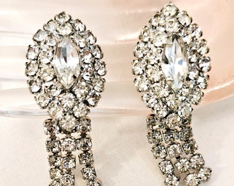 Vintage CATHE Clear Rhinestone Earrings with Removable Dangle Tassels and Silvertone Clip on Settings