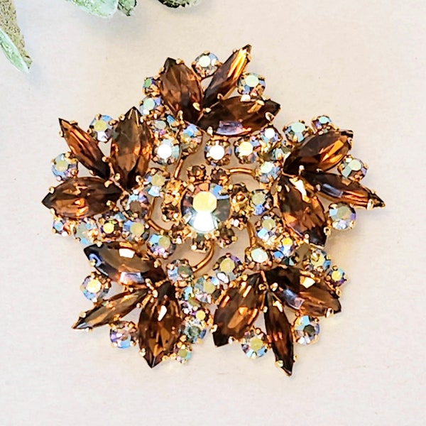 Vintage AB and Topaz Root beer Rhinestone Layered Pinwheel Flower Brooch