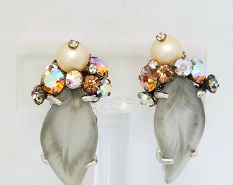 Vintage Designer Earrings with Molded Glass Leaves, Rhinestones, & Faux Pearl in Silver tone Setting