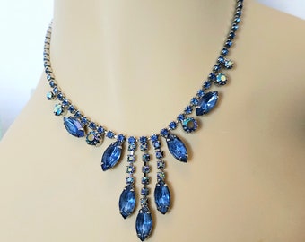 Vintage Ab Sapphire Blue Rhinestone Choker Drop Necklace