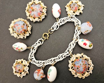 Vintage Unsigned EMMONS Candy Art Glass Charm Bracelet & Matching Earrings Set with White enamel