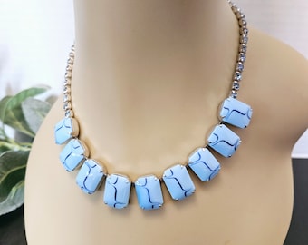 Vintage Blue Milk Glass Cabochon Necklace with Rhinestones