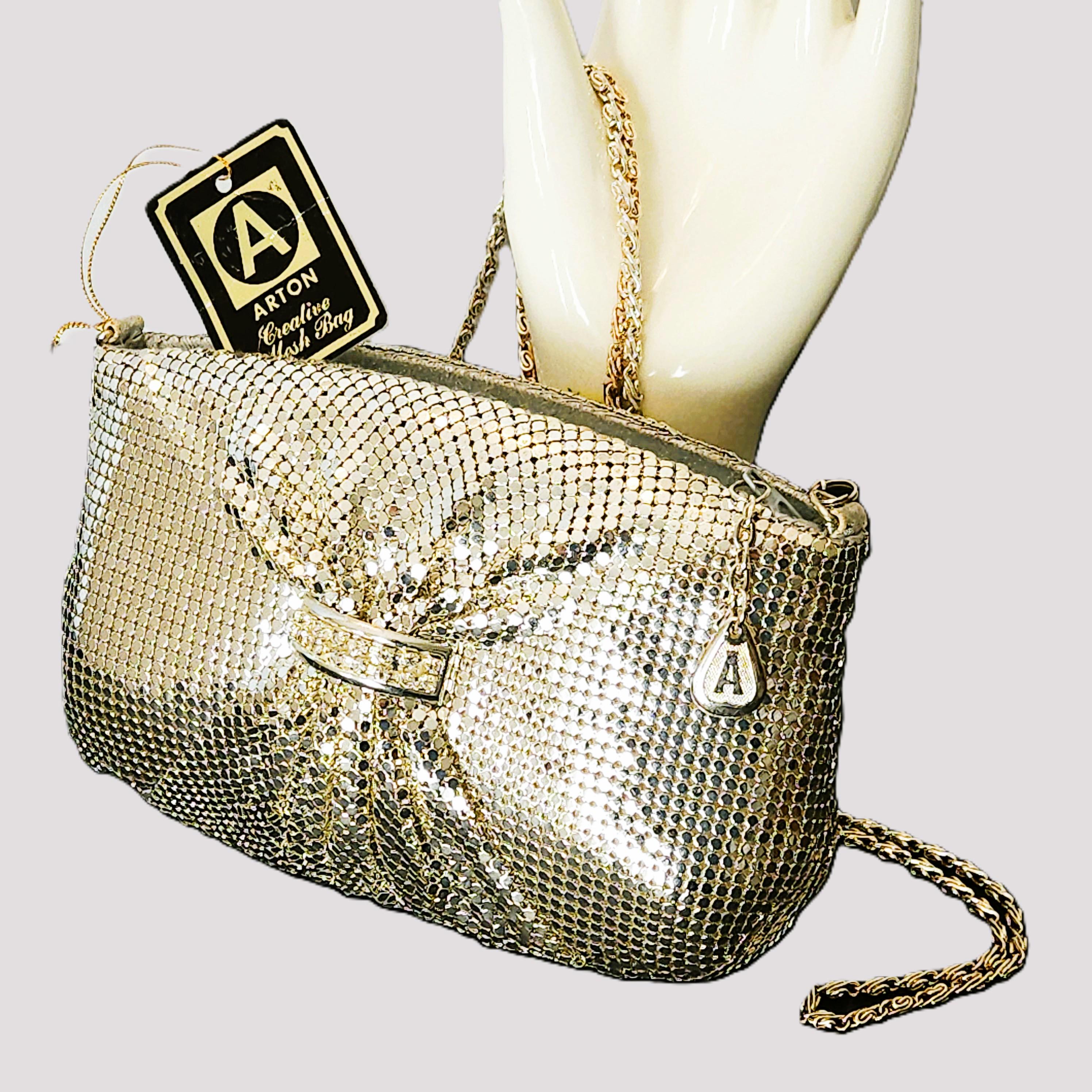 Vintage 1980s ARTON CREATIVE Mesh Bag With Rhinestone and Chain
