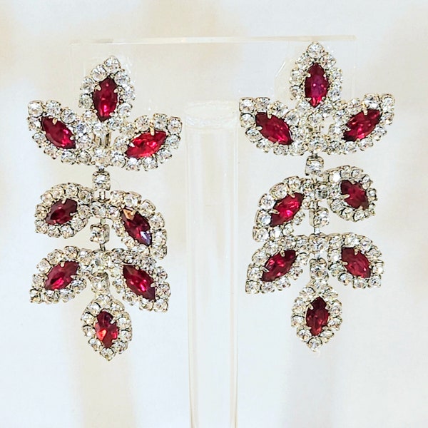 Vintage Marquise Navette Red & Clear Rhinestone Chandelier Dangle Earrings