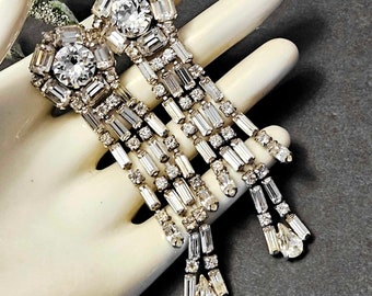 Vintage Signed WEISS Stunning Clear Rhinestone  Long Shoulder Sweeper Chandelier Clip on Earrings