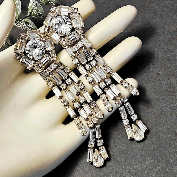 Vintage Signed WEISS Stunning Clear Rhinestone  Long Shoulder Sweeper Chandelier Clip on Earrings