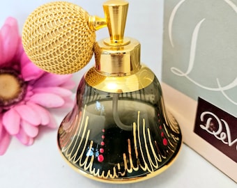 Vintage DeVILBISS Crystal Perfume Atomizer: Handpainted Gold Enamel, Original Box