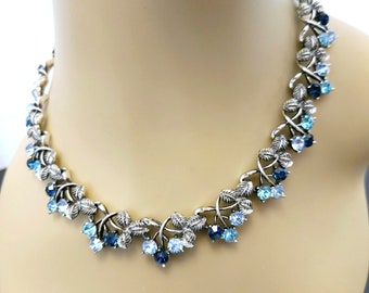 Vintage CORO Blue Rhinestone Floral Necklace with Antiqued Silver tone Finish