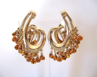 Vintage Large Dangle Climber Rhinestone Clip on Earrings with Gold tone Finish