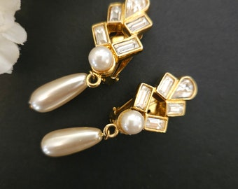 Vintage PARK LANE Rhinestone Earrings with Faux Pearl Drop Dangles