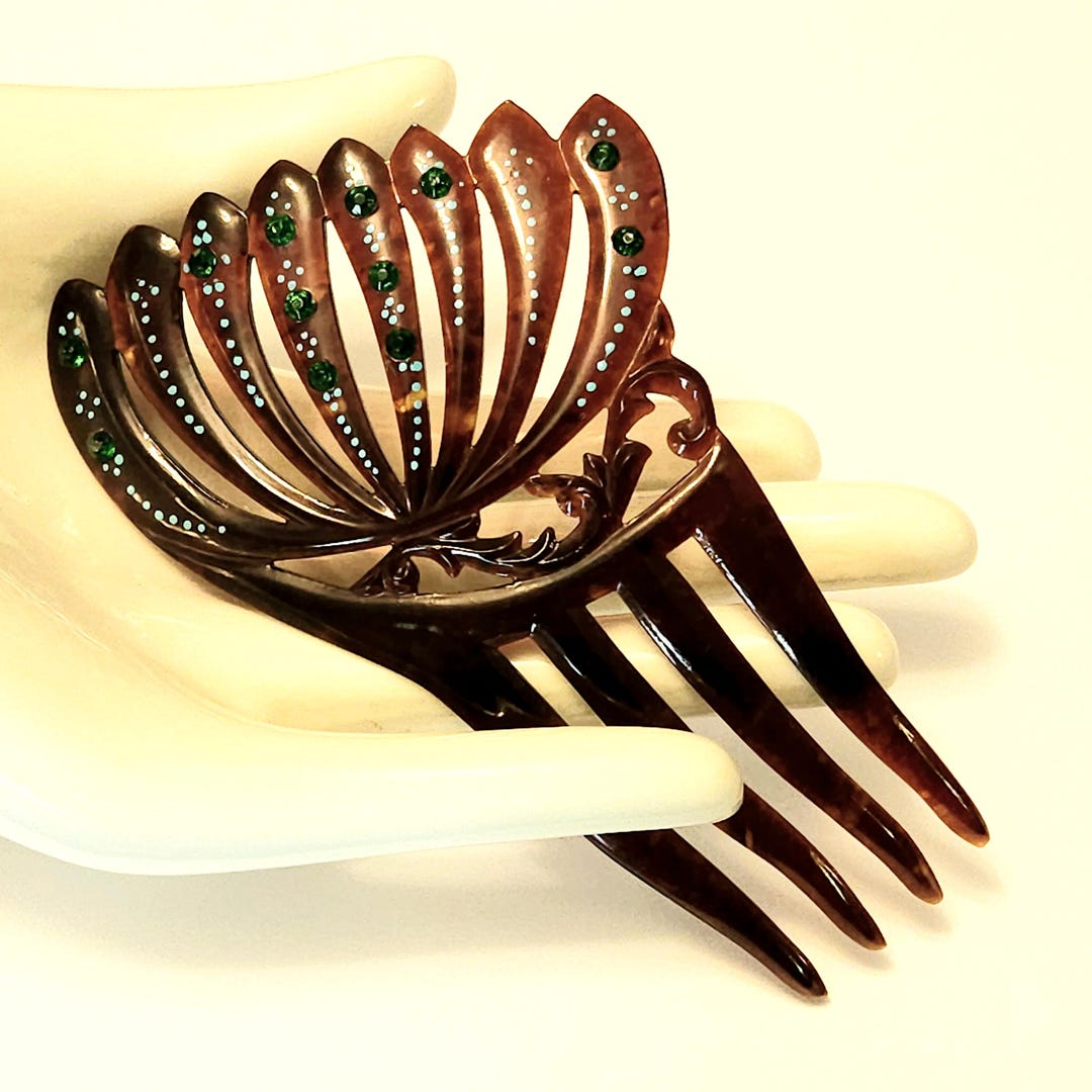 Antique Celluloid Hair Comb: Faux Tortoise Shell, Emerald Rhinestone ...