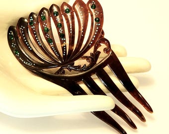 Antique Celluloid Hair Comb: Faux Tortoise Shell, Emerald Rhinestone, Art Deco