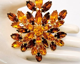 Vintage Large Orange Topaz Rhinestone Brooch with a Goldtone Setting