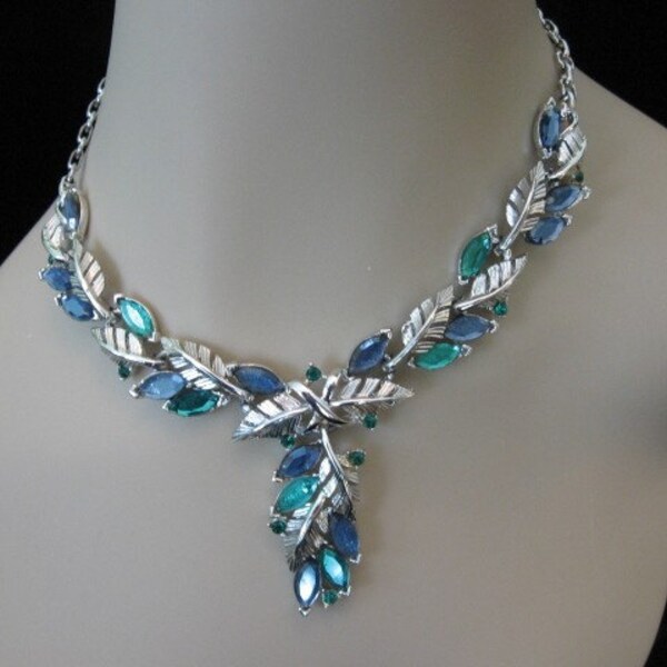 RESERVED -----------Sale - Vintage CORO Green and Blue Art Glass and Rhinestone Necklace