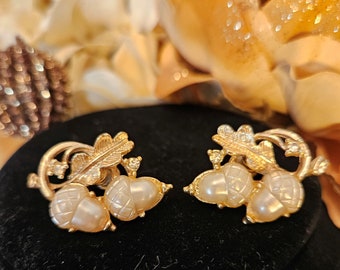 Vintage CORO Earrings with Rare Pearl Tone Thermoset Acorns, Rhinestone Accents and Screw On Backings in Goldtone Settings