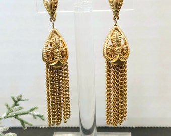 Vintage MONET Long Chain Tassel Dangle Clip on Earrings with Gold tone Finish