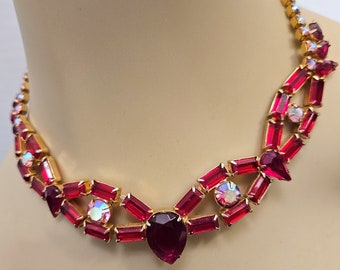 Vintage Choker Necklace with Baguette and Tear Drop Red & Red AB Rhinestones  in a Gold Tone Setting