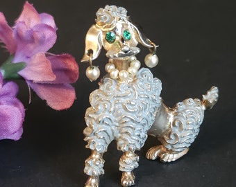 Vintage Standing Enamel Rhinestone Poodle Brooch with Faux Pearl Earrings & Necklace