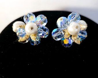 Vintage VENDOME Adjustable Clip On Earrings with Crystal and Faux Pearl in Gold Tone Settings