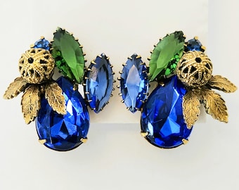 Vintage Blue and Green Rhinestone Earrings ~ Filigree Ball and Leaves