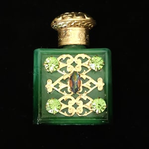 Vintage CZECH Malachite Green Glass Mini Perfume Bottle with Filigree and Rhinestone