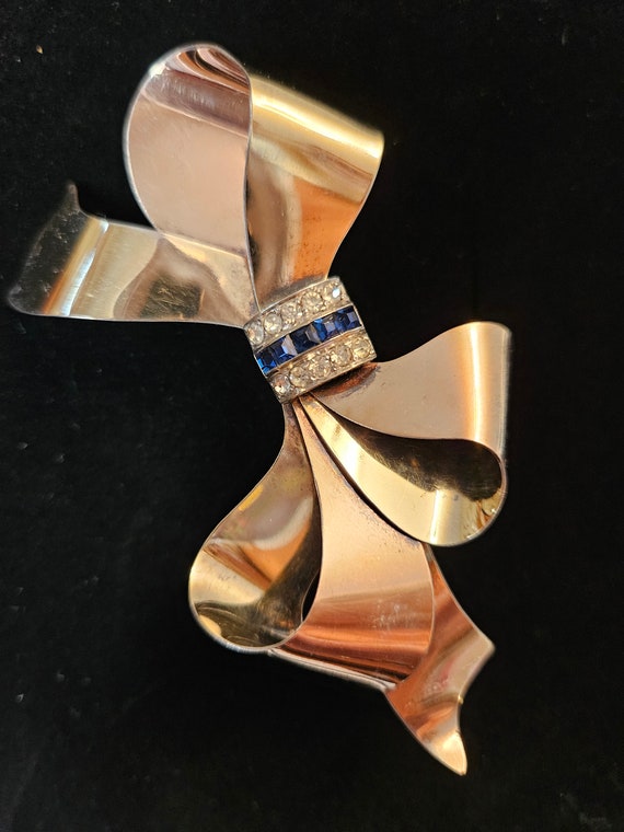 Vintage TAYLORD Large Bow Brooch with Blue Baguet… - image 3