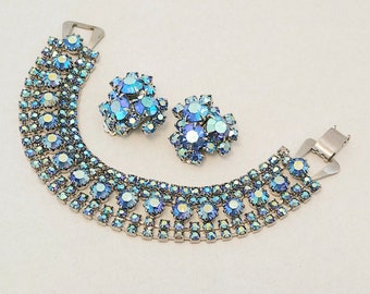 Vintage Blue Ab Rhinestone Bracelet and Earrings Set