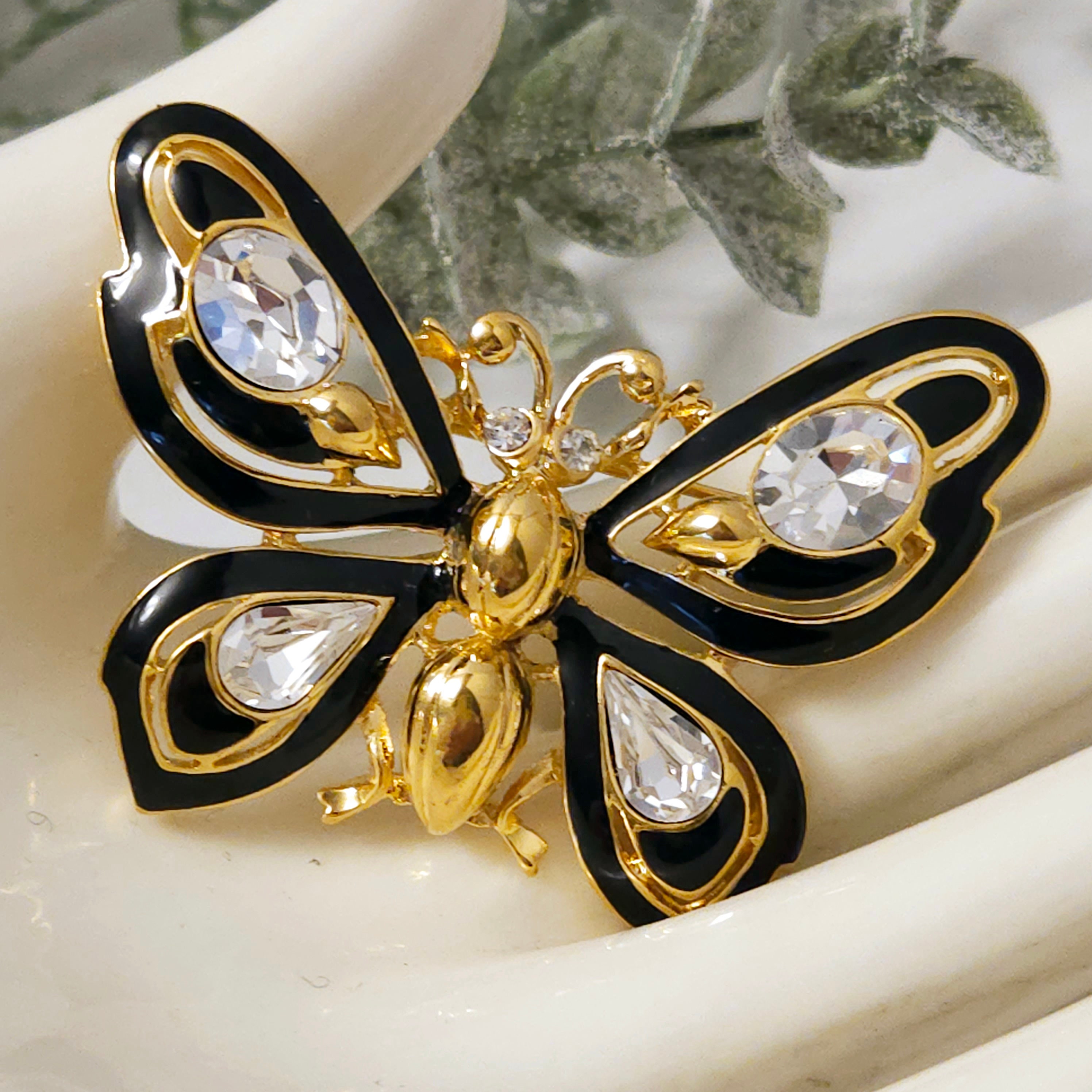 Vintage TRIFARI Black Enamel and Clear Rhinestone Butterfly