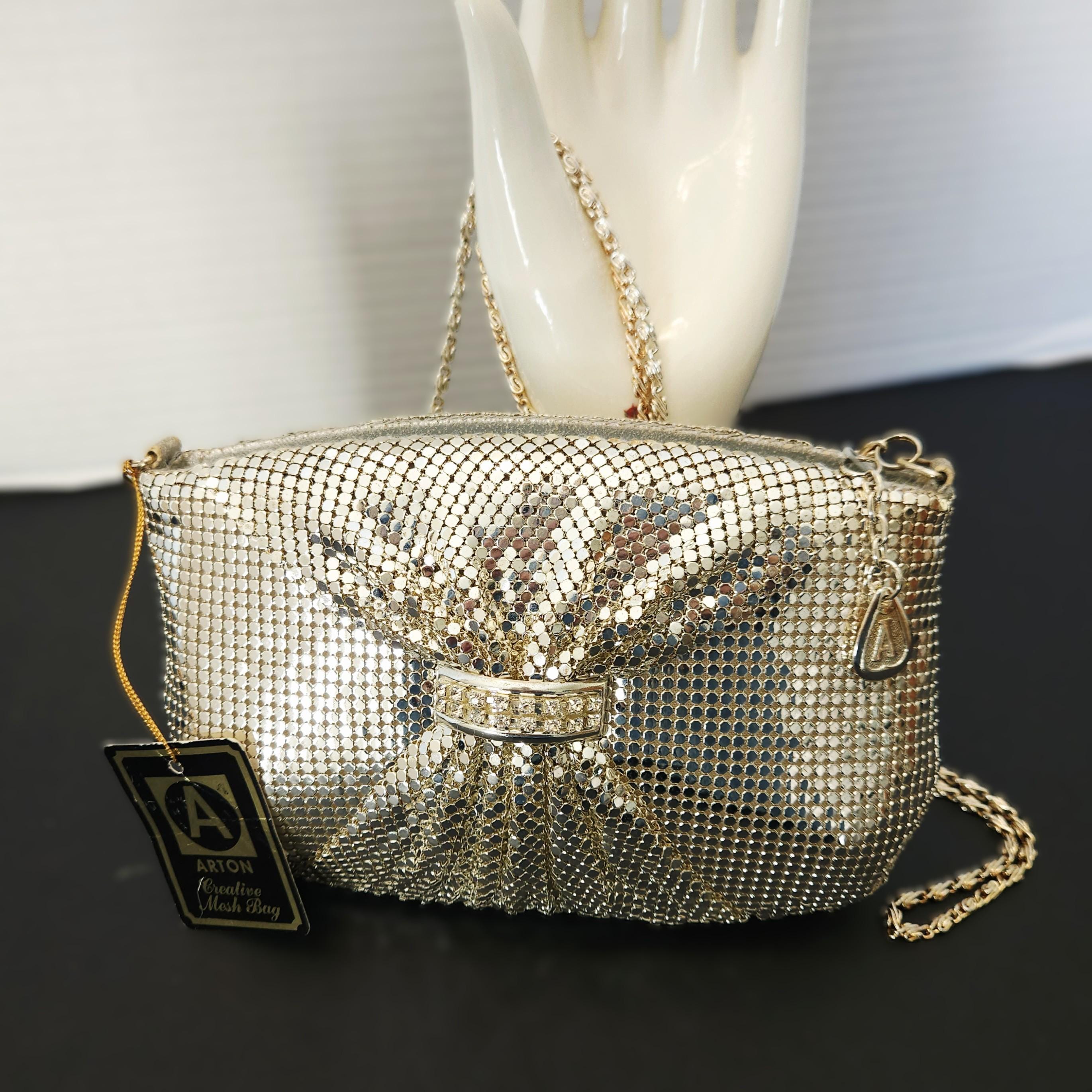 Vintage 1980s ARTON CREATIVE Mesh Bag With Rhinestone and Chain 